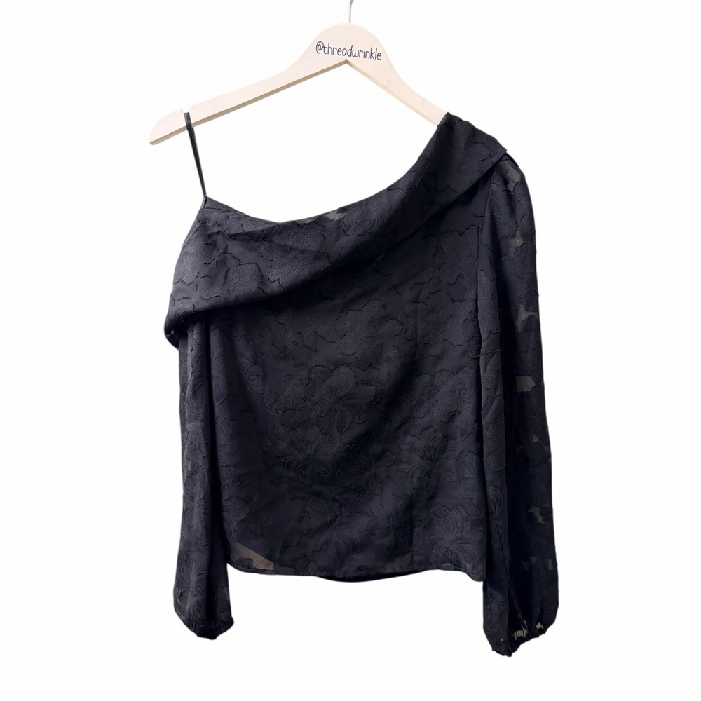 Loft Black Jacquard Floral One Shoulder Blouse Size 8 NWT - Picture 5 of 10